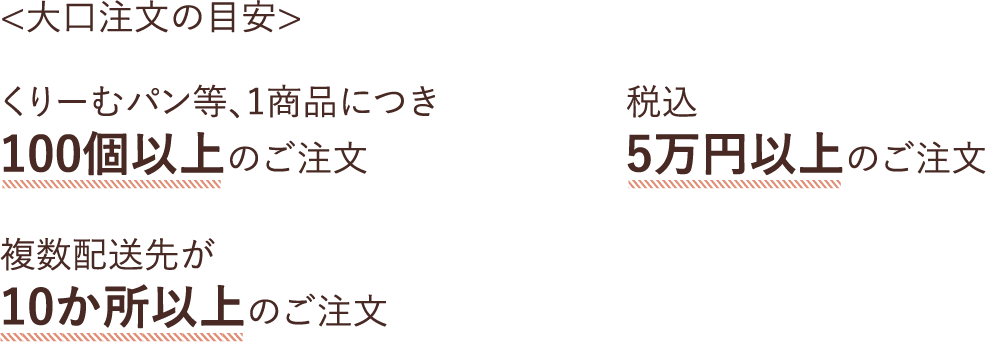 ”大口注文の目安「くりーむパン等、1商品につき100個以上のご注文」「税込5万円以上のご注文」「10か所以上のご注文」”